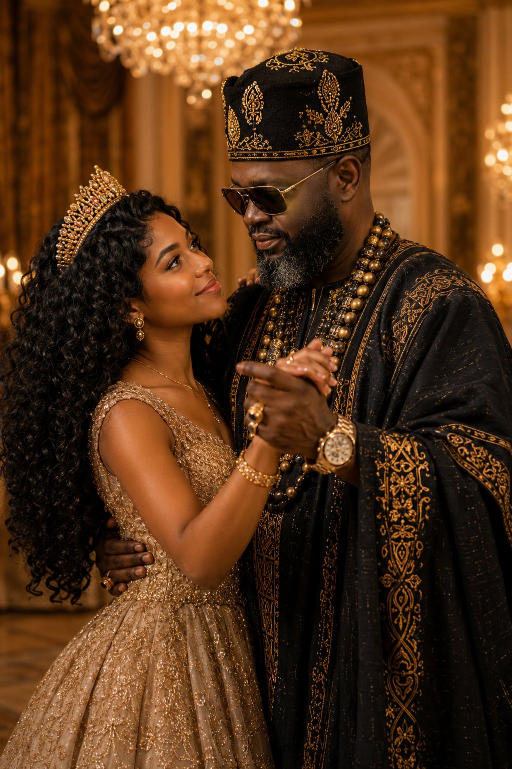 A daughter in a gold gown and crown sharing a dance with her father in traditional Yoruba regalia