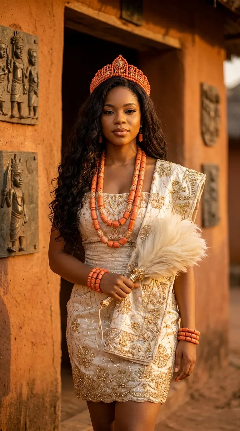Gxnesis in traditional Edo coral crown and beaded regalia